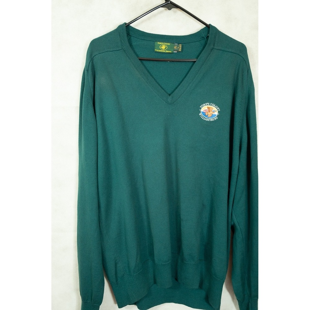 Fords Colony Williamsburg Mens Green V-Neck Cotton Golf Sweater Embroidered L